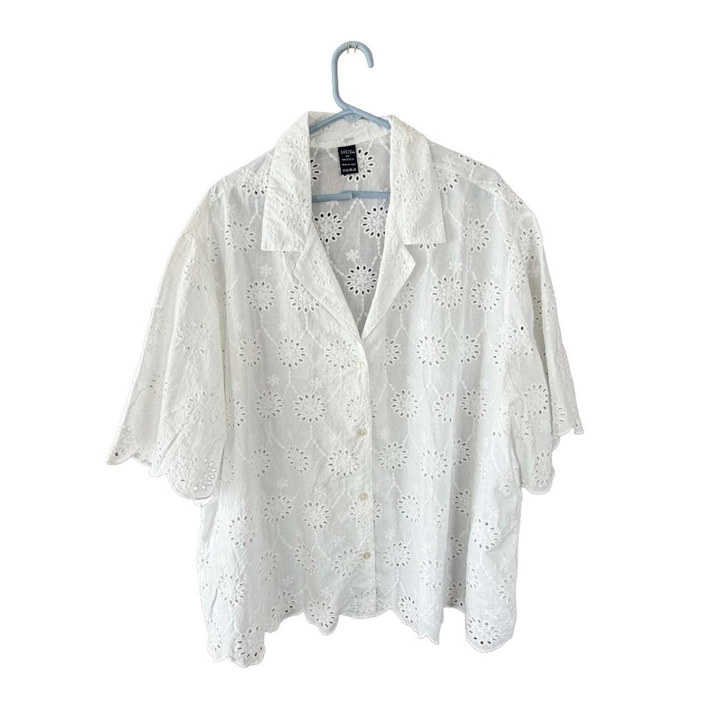 HUE White Cotton Eyelet Camp Shirt Scalloped Summer Plus Size 3X Cottagecore